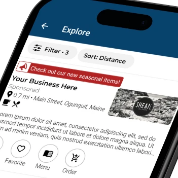 A cellphone showing a mock screenshot that says, "Your Business here"