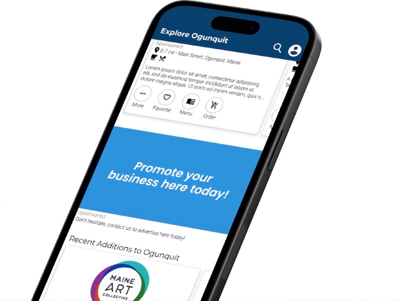 A cell phone showing a screen that says, "Promote your business here today!"
